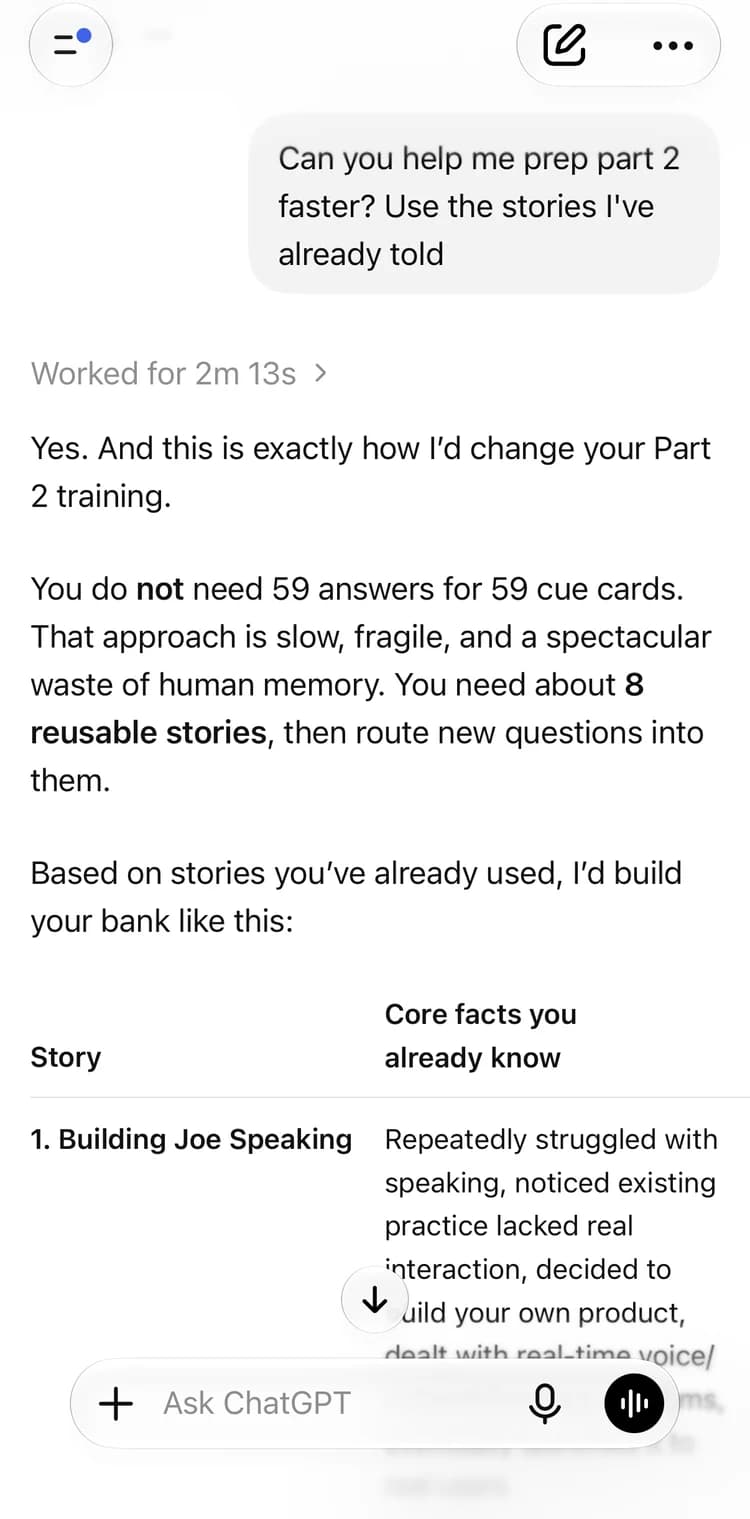 ChatGPT answering: Help me prep Part 2 faster with stories I’ve already told.